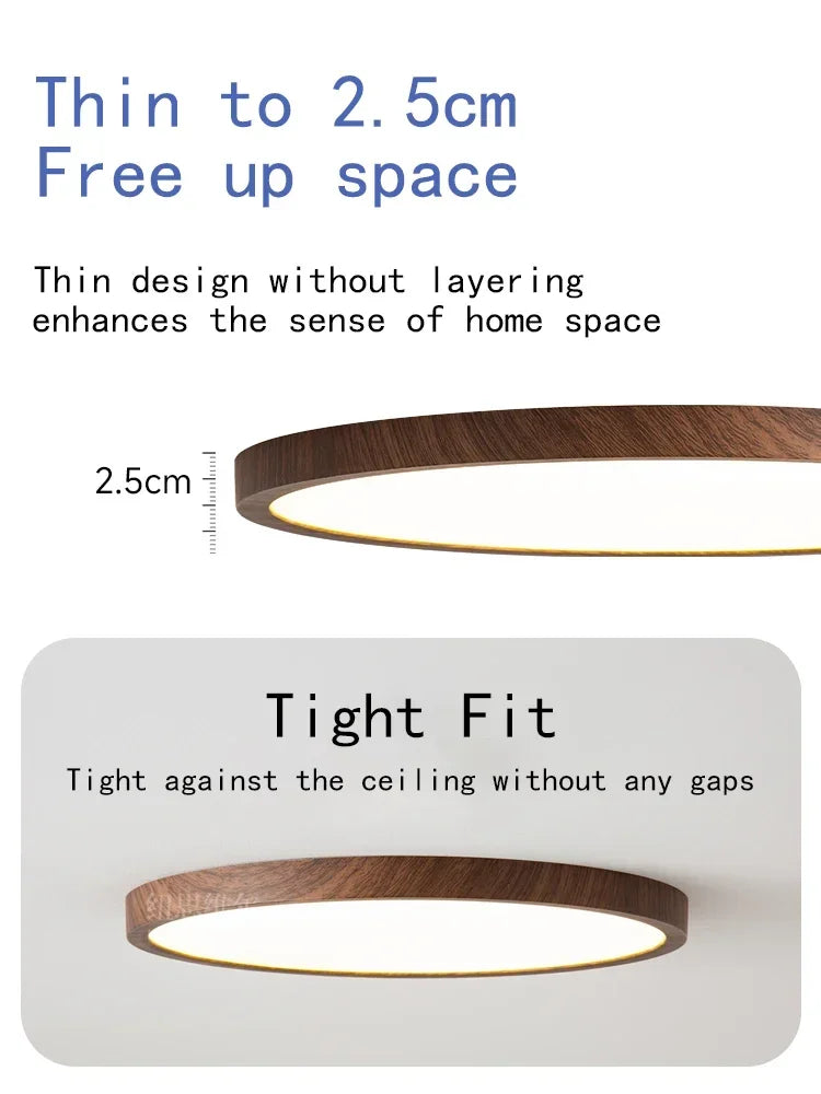 Modern LED Ceiling Light Circular Ultrathin Wood Grain Walnut