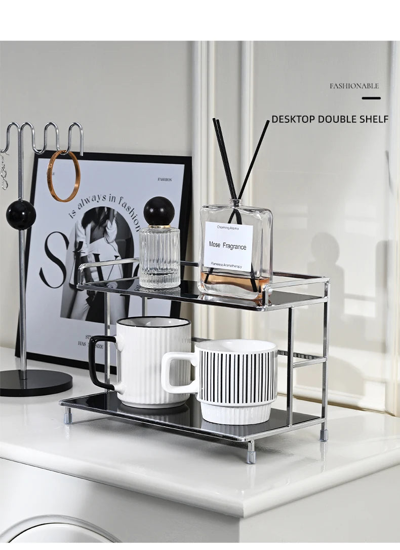 Metal Desktop Layered Storage Rack, Double-Layer Desk Organizer, Water Cup and Coffee Cup Storage Rack, Bathroom Cosmetics Organizer, Suitable for Living Room, Entryway, Kitchen, and Bathroom