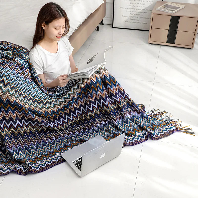 Boho Striped Knit Throw Blanket
