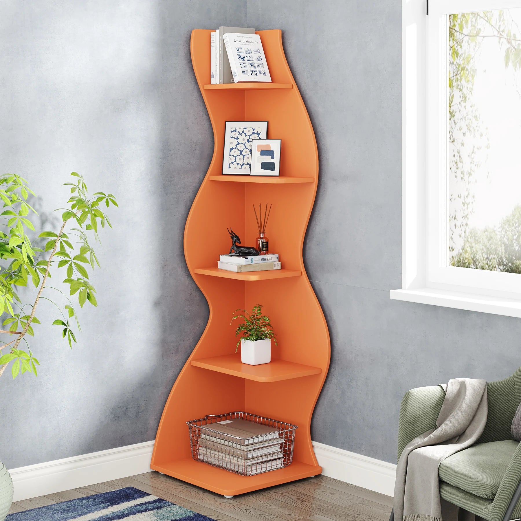 Five Tier Wavy Corner Bookshelf