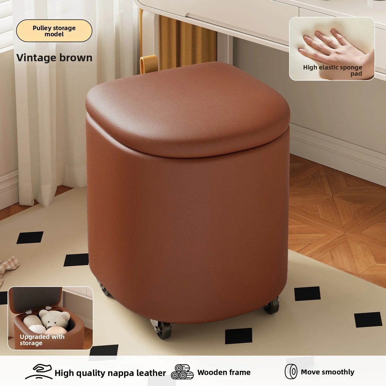 Storage Vanity Stool with Wheels
