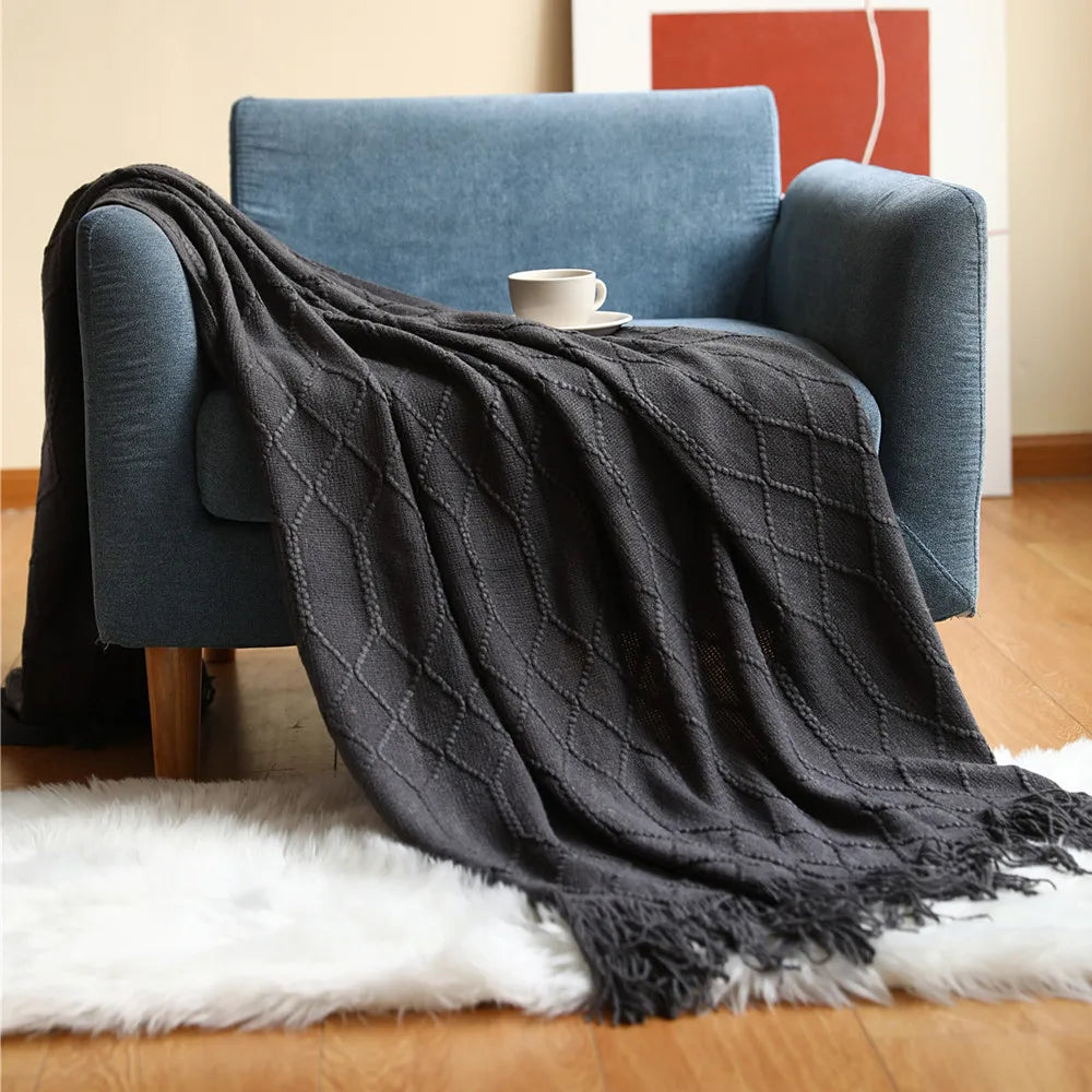 Khaki Gift Knitted Blanket with Tassels Chunky Vintage Luxury