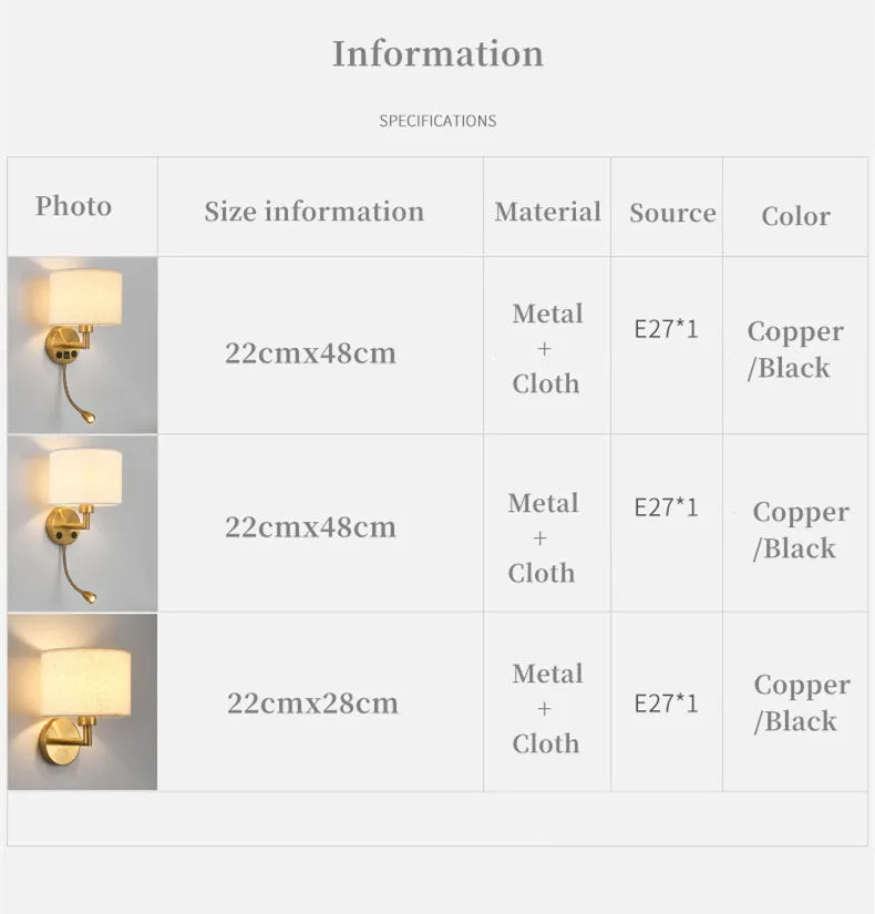 Fabric Shade Wall Lamp With Reading Light