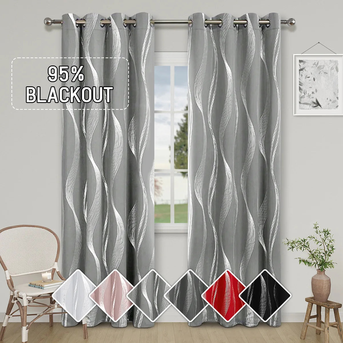 1pc High Precision Silver Embossed Wave Pattern Blackout Curtains