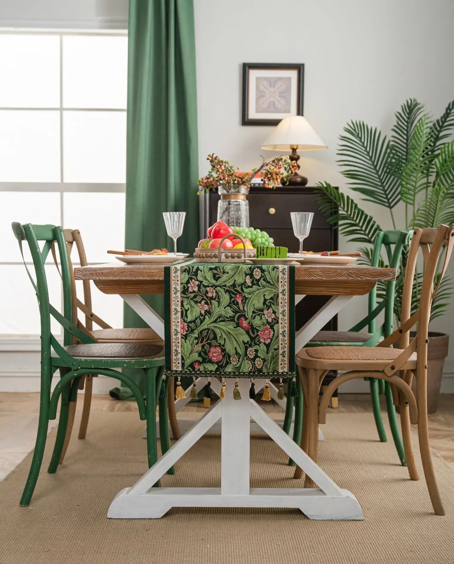 Plant Flower Table Runner with Tassels Jacquard Living Room Cabinet