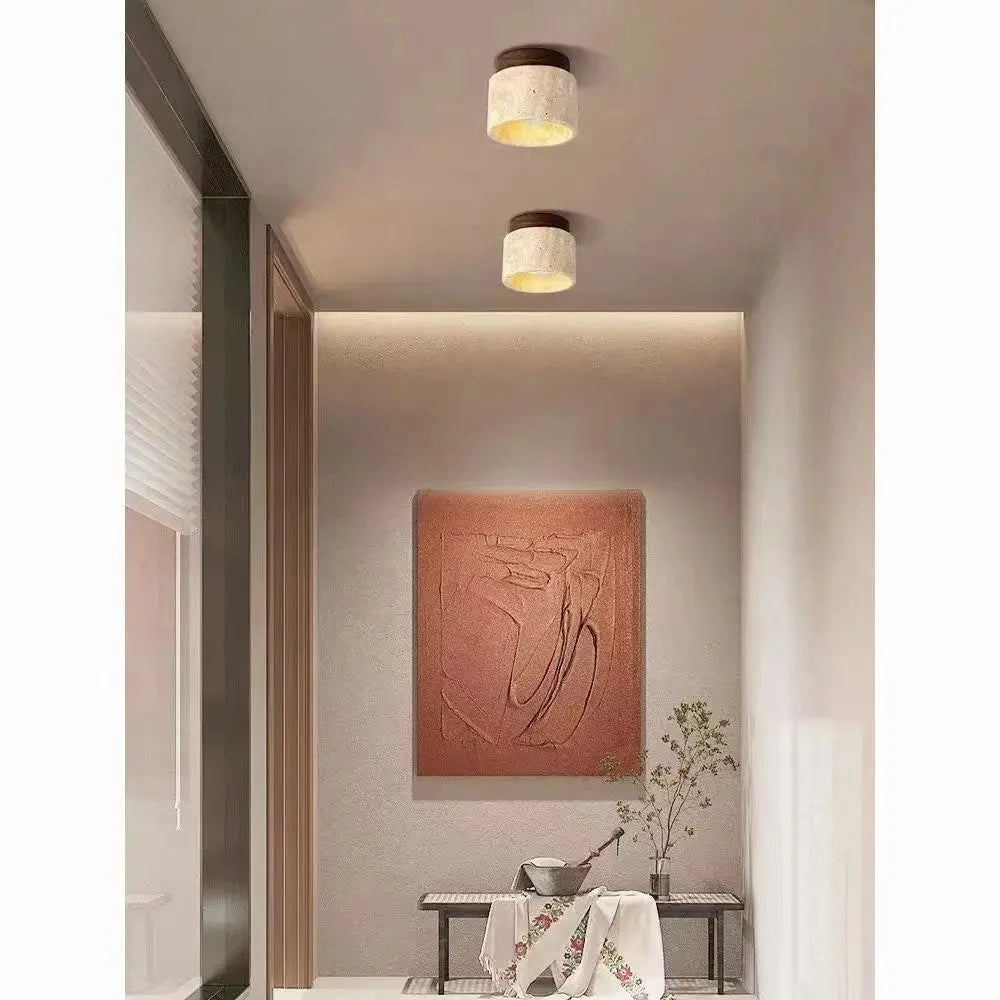 Travertine Wood Round Ceiling Light