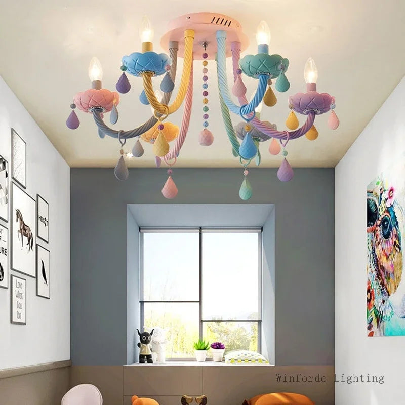 European Children Rainbow Chandelier Designer Macarone Lights Led