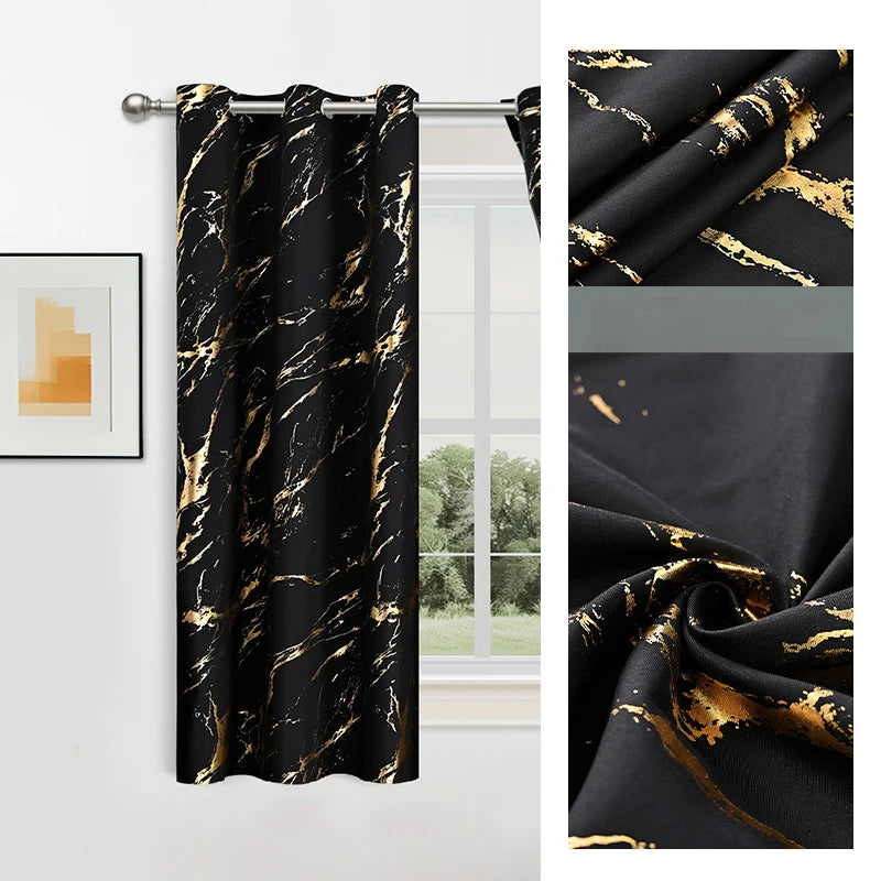 100% Blackout Curtains Luxury Marble Pattern Curtain With Gold Foil