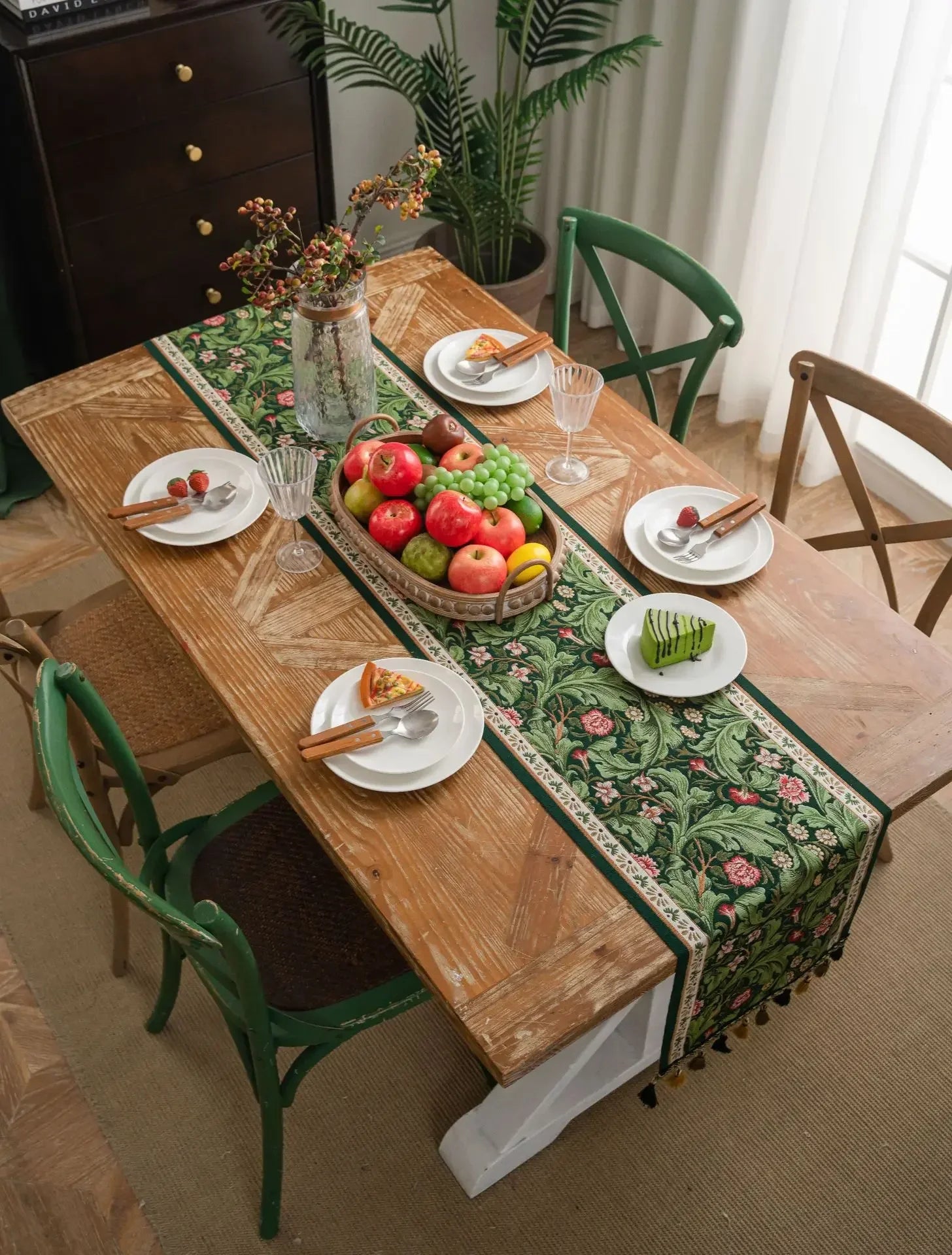 Plant Flower Table Runner with Tassels Jacquard Living Room Cabinet