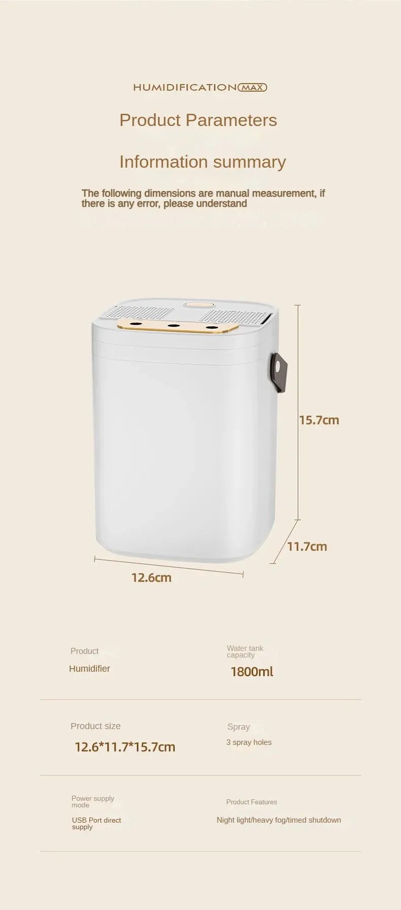 USB Connected Three Nozzle Humidifier 1.8L Large Capacity 3-Gear