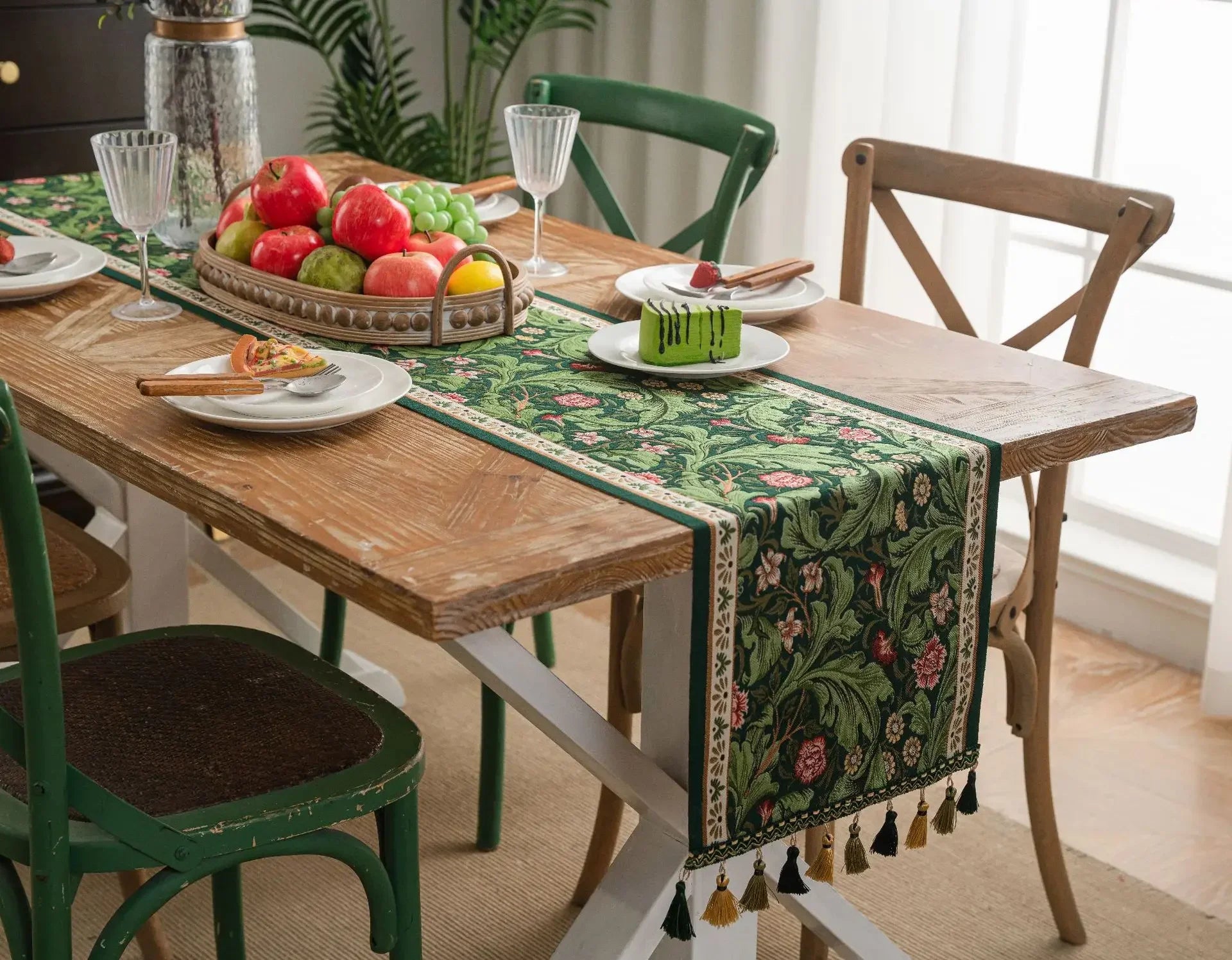 Plant Flower Table Runner with Tassels Jacquard Living Room Cabinet
