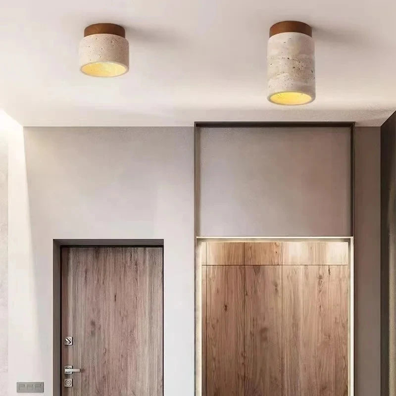 Travertine Wood Round Ceiling Light