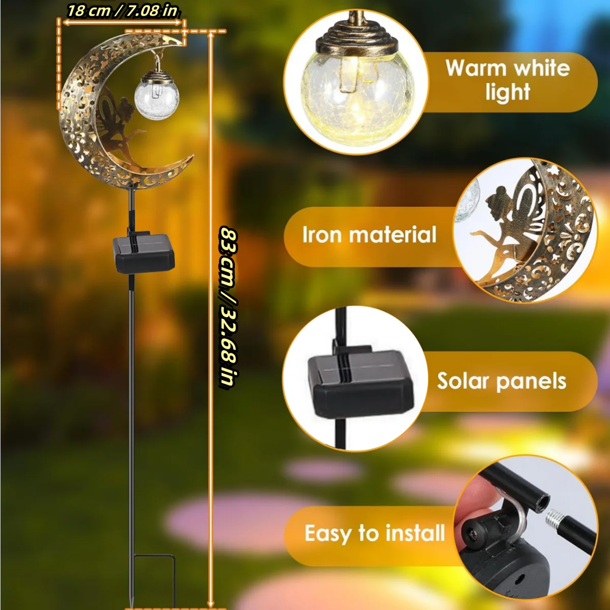1pc Moon-Shaped Solar-Powered Metal Fairy Lantern - Waterproof LED
