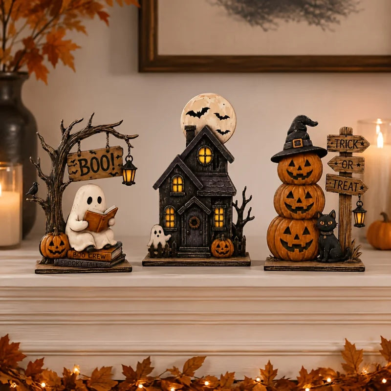 Retro Wooden Ghost, Cat and Pumpkin Blocks
