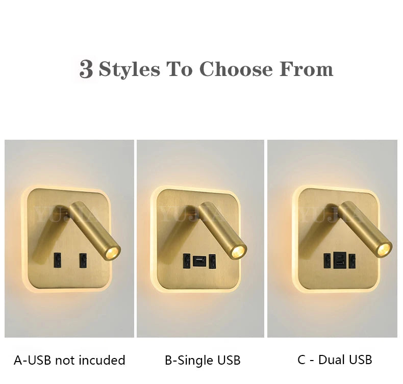Modern Led Wall Sconce Reading Light 2 Switches Type-A & Type-C USB