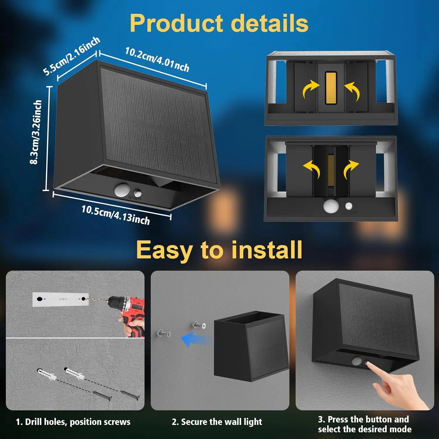Solar LED Wall Light Outdoor, Dusk to Dawn Motion Sensor Solar Lantern