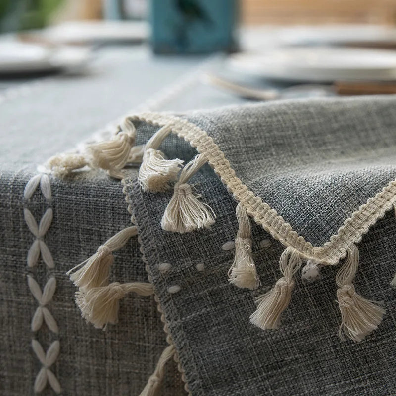 Cotton Linen Stripe Tassel Tablecloth Stain Resistant Dust-Proof Table