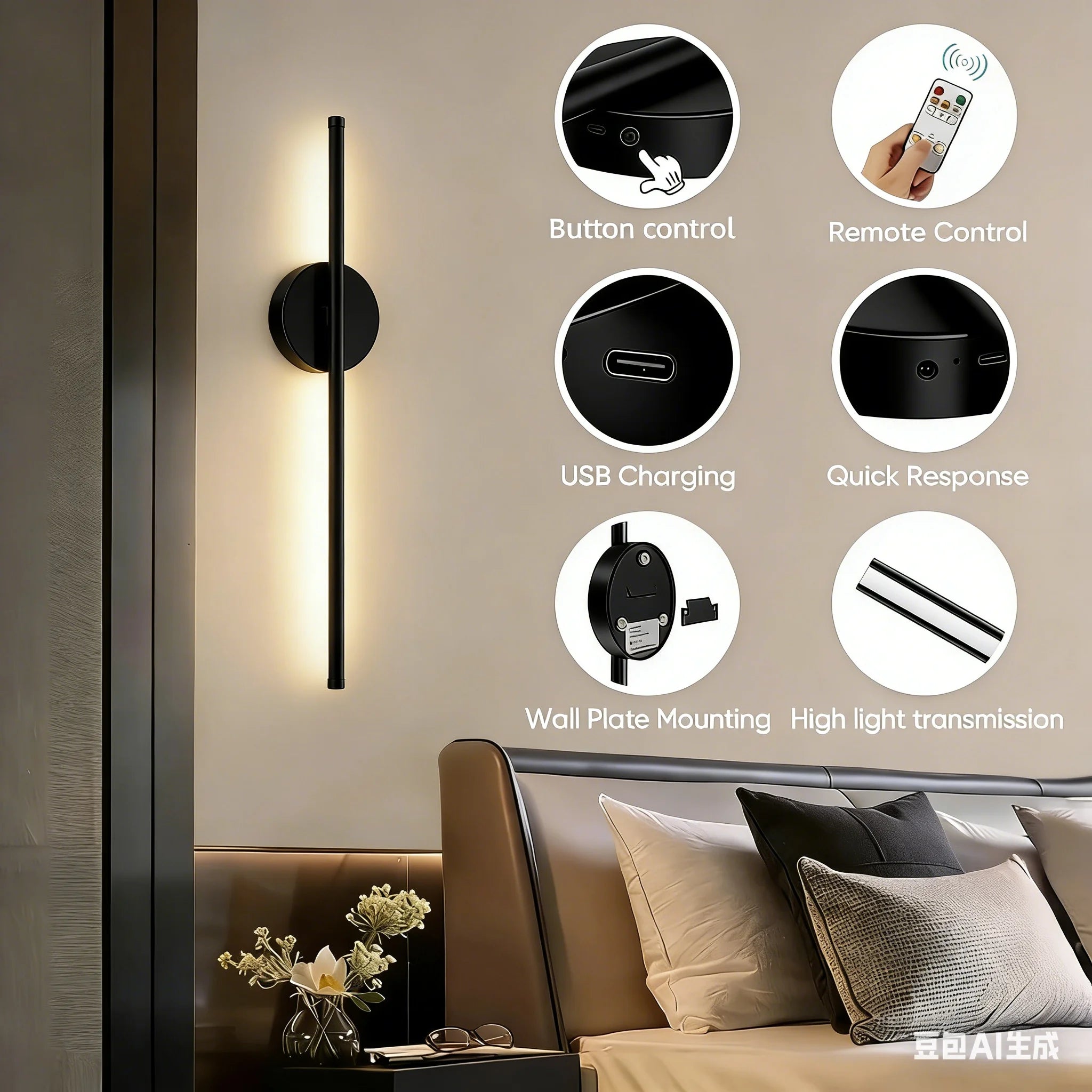 Wireless LED Wall Sconce USB Rechargeable Battery Operated Wall Light