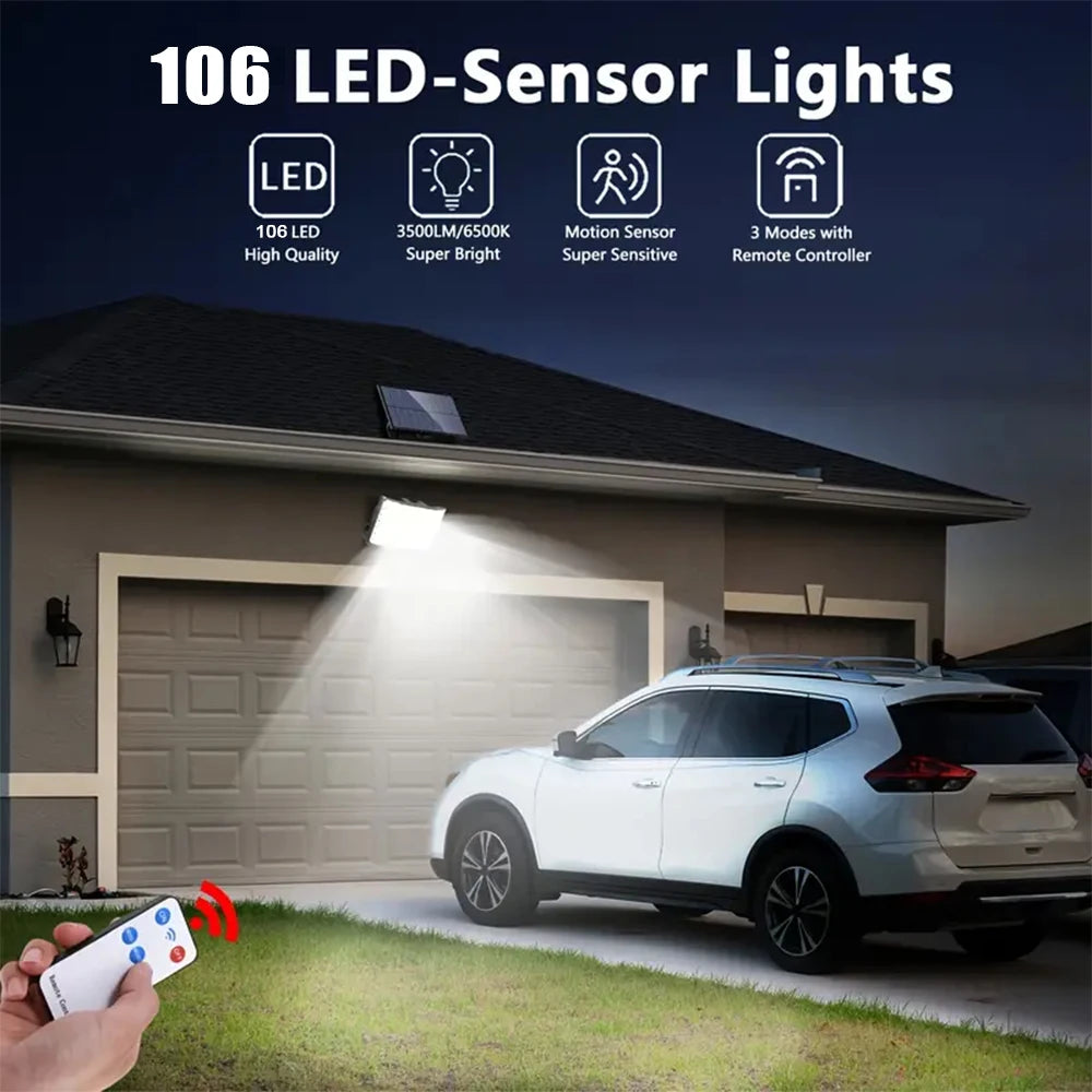 106 LED 3000LM Solar Powered Motion Sensor Flood Lights with Remote