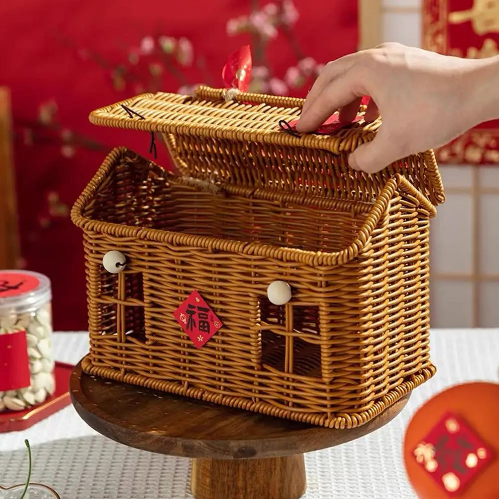 House Shaped Lidded Wicker Basket