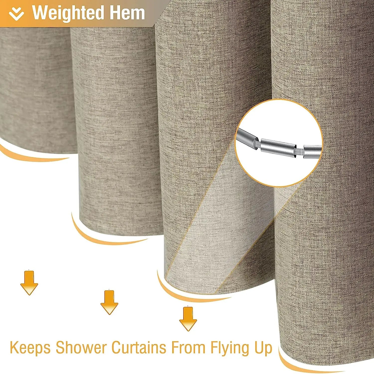 Luxury Linen Shower Curtain with Silver Metal Hooks Bathroom Waterproof