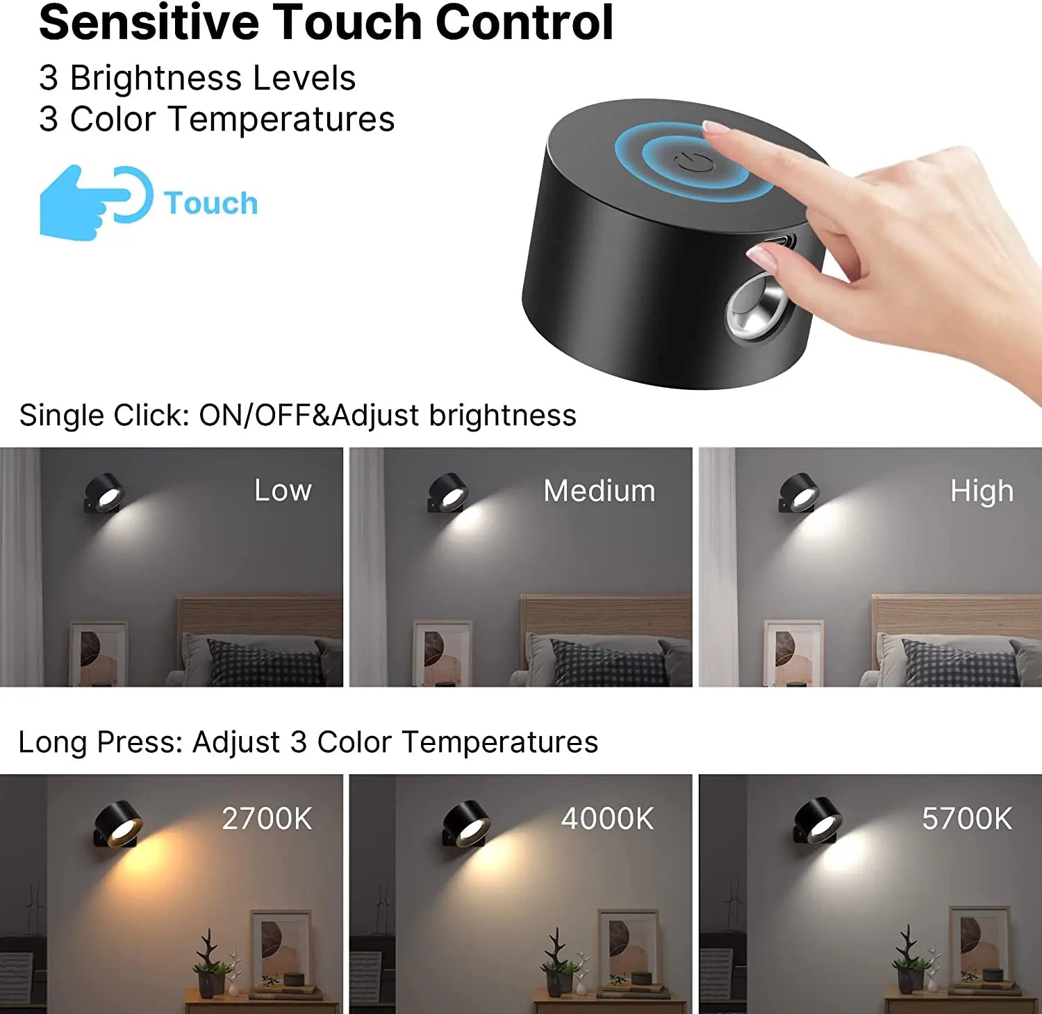 LED Wall Sconces light, 3 Brightness Levels 3 Color Modes Wall Lights,