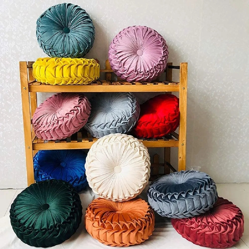 Green Velvet Pumpkin Pleated Round Cushion for Sofa