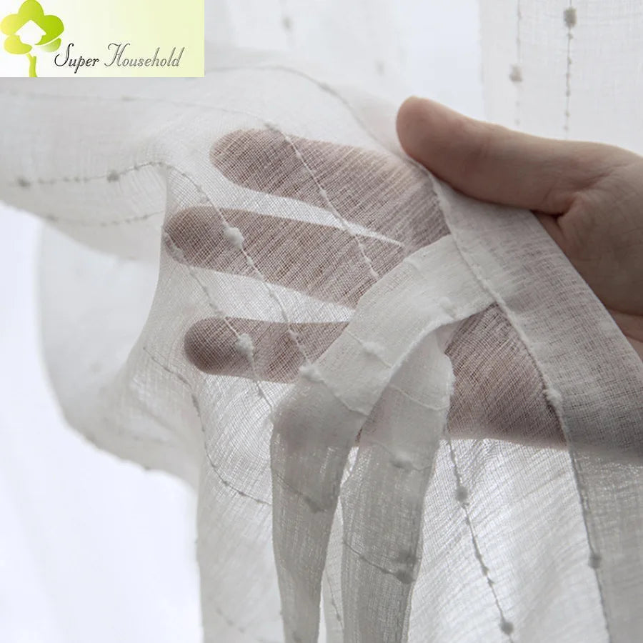 White Jacquard Window Screens Stripe Embroidered Curtains Tulle
