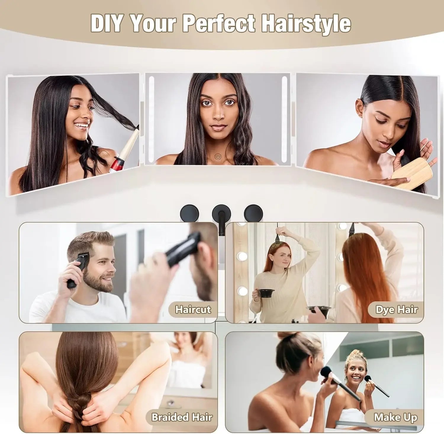 3 Way LED Makeup Mirror for Self Hair Cutting, Rechargeable