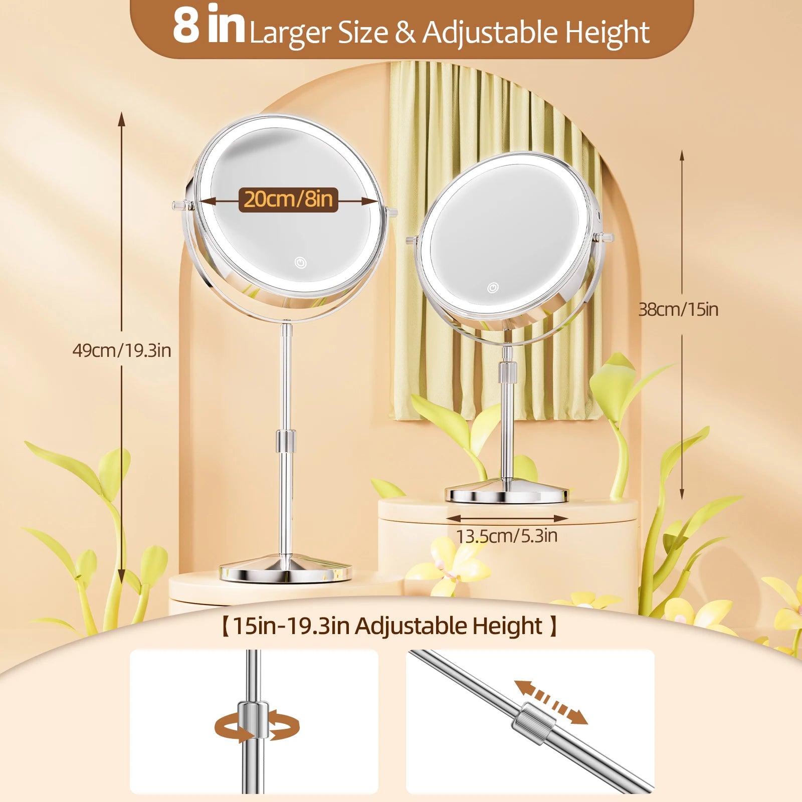 8 Inch 10X Magnifying Makeup Mirror with 3 Color Light