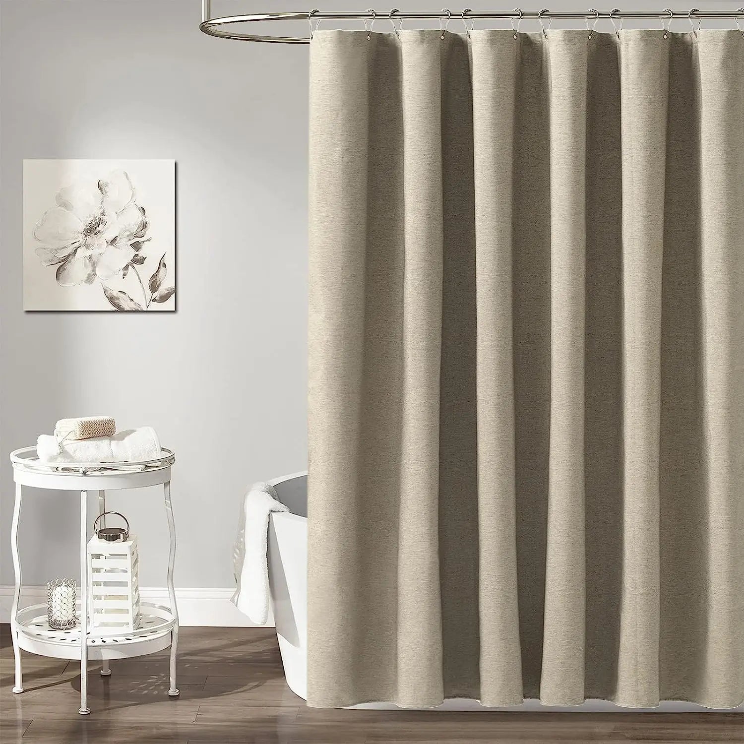 Luxury Linen Shower Curtain with Silver Metal Hooks Bathroom Waterproof