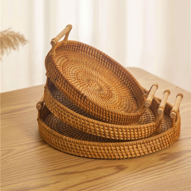 Woven Rattan Storage Basket with Strap Handle Round Tray Bread