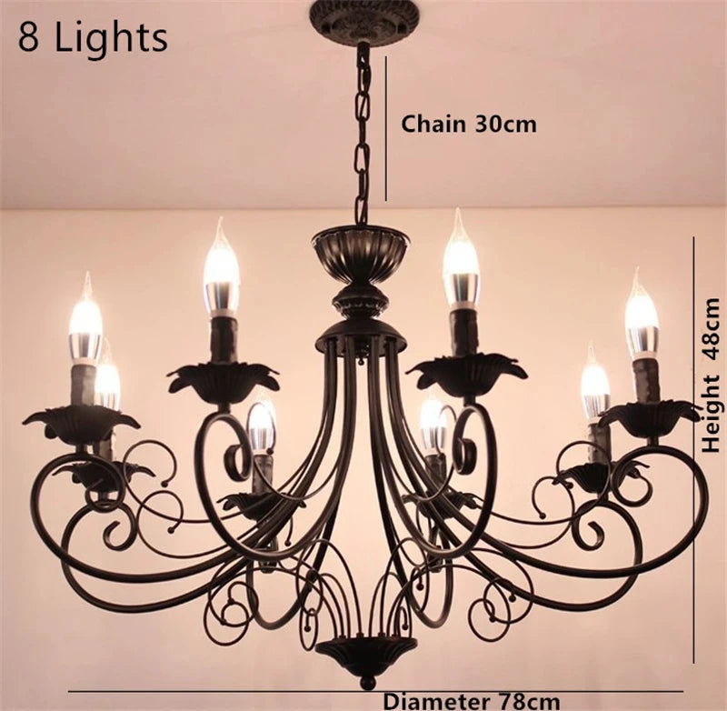 Classic Europe Wrought Iron Chandeliers E14 Candle Light Vintage Black
