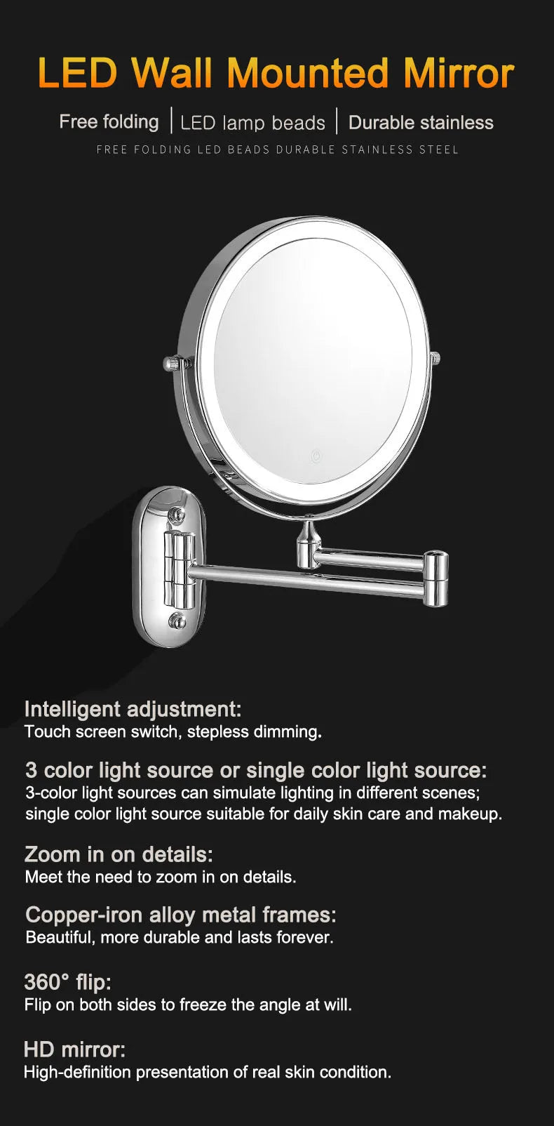 Golden Wall Mounted Folding Vanity Mirror, Double Sided with Fill Light