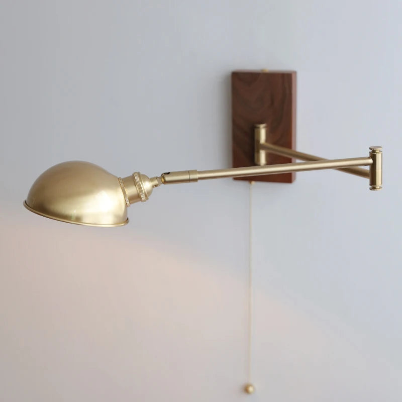 IWHD Walnut Ash Wood Canopy LED Wall Light Fixtures Pull Chain Switch Copper Arm Left Right Rotate Bedroom Beside Lamp Sconce