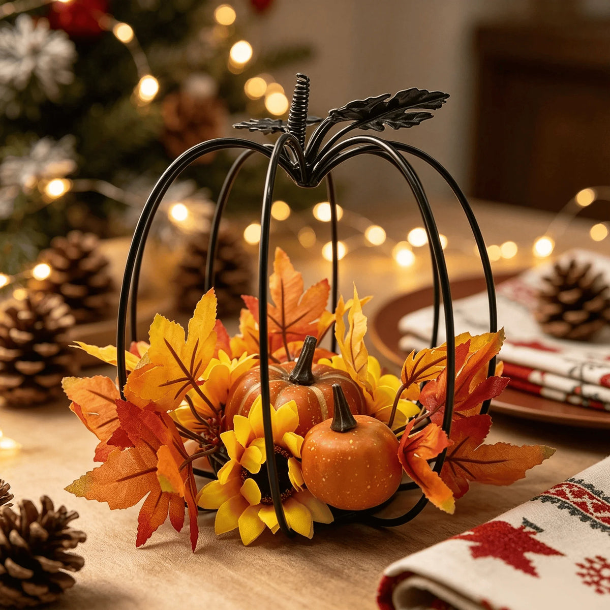 Iron Pumpkin with Maple Leaf and Sunflower