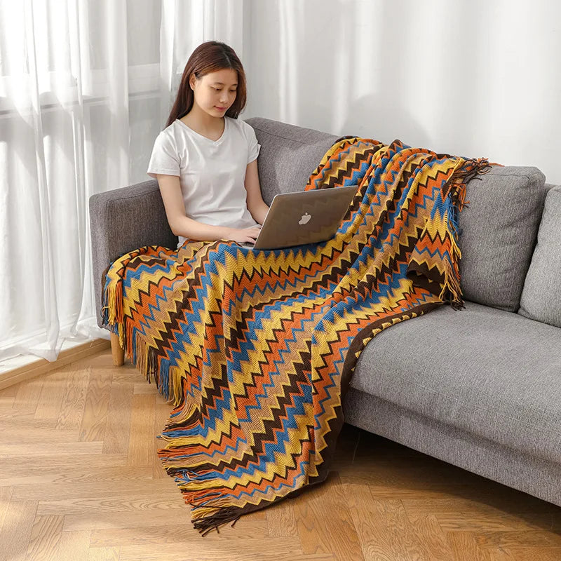 Boho Striped Knit Throw Blanket