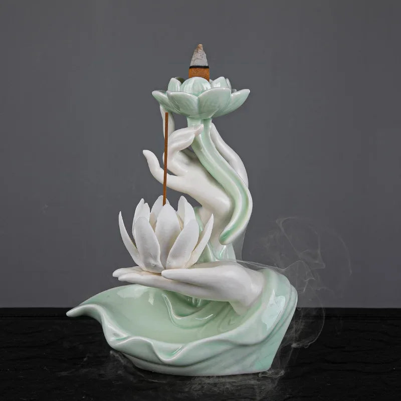 Celadon Lotus Hand Backflow Incense Burner