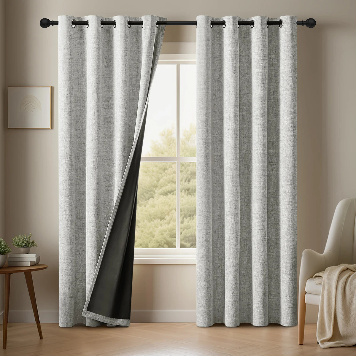 Plain Linen Solid Color 100% Blackout Curtain, Set of 2