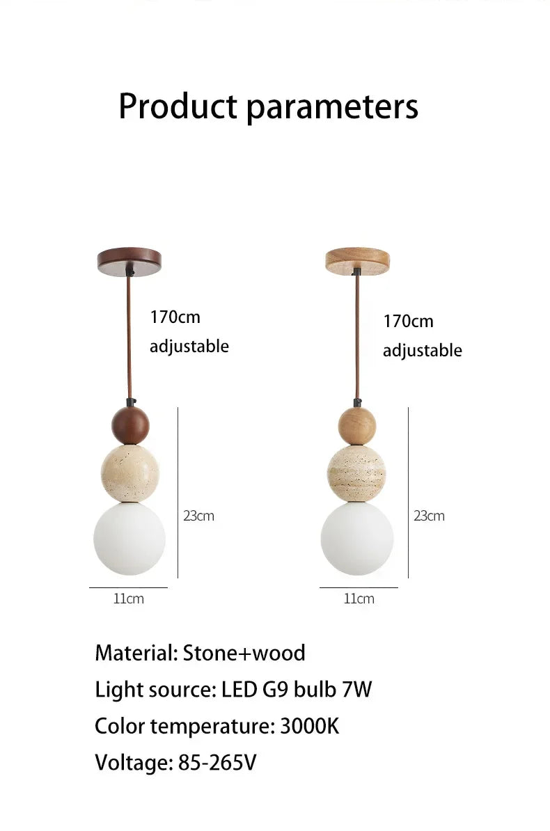 Cream Style Pendant Lamp Bedroom Bedside Led Chandelier Stone Wood