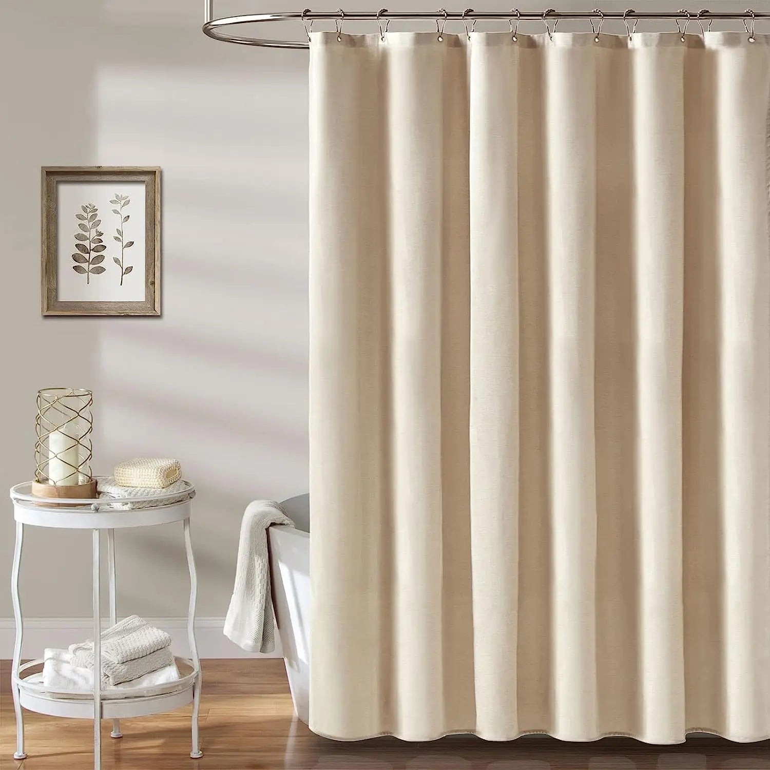 Luxury Linen Shower Curtain with Silver Metal Hooks Bathroom Waterproof