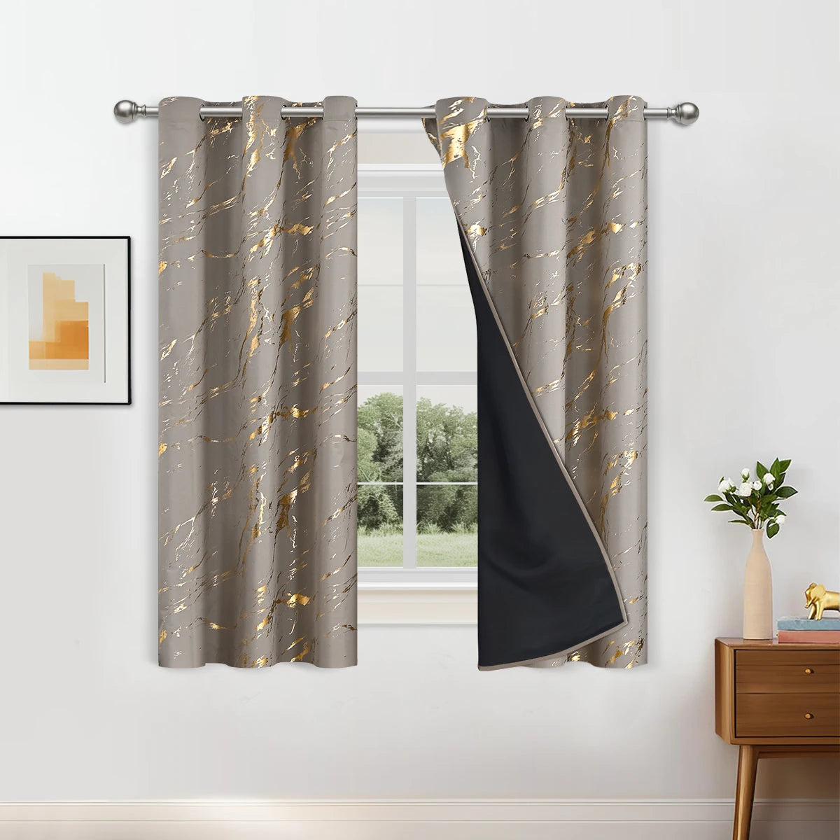 100% Blackout Curtains Luxury Marble Pattern Curtain With Gold Foil