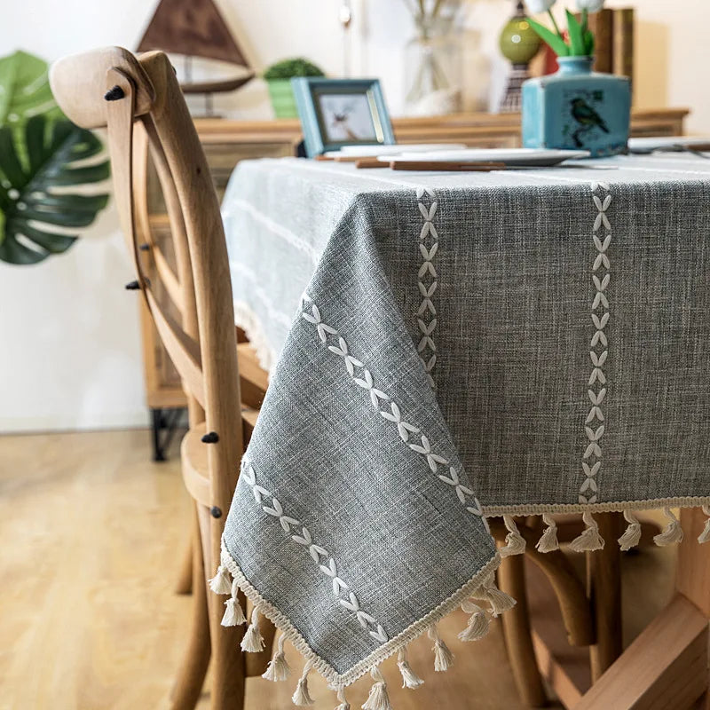 Cotton Linen Stripe Tassel Tablecloth Stain Resistant Dust-Proof Table