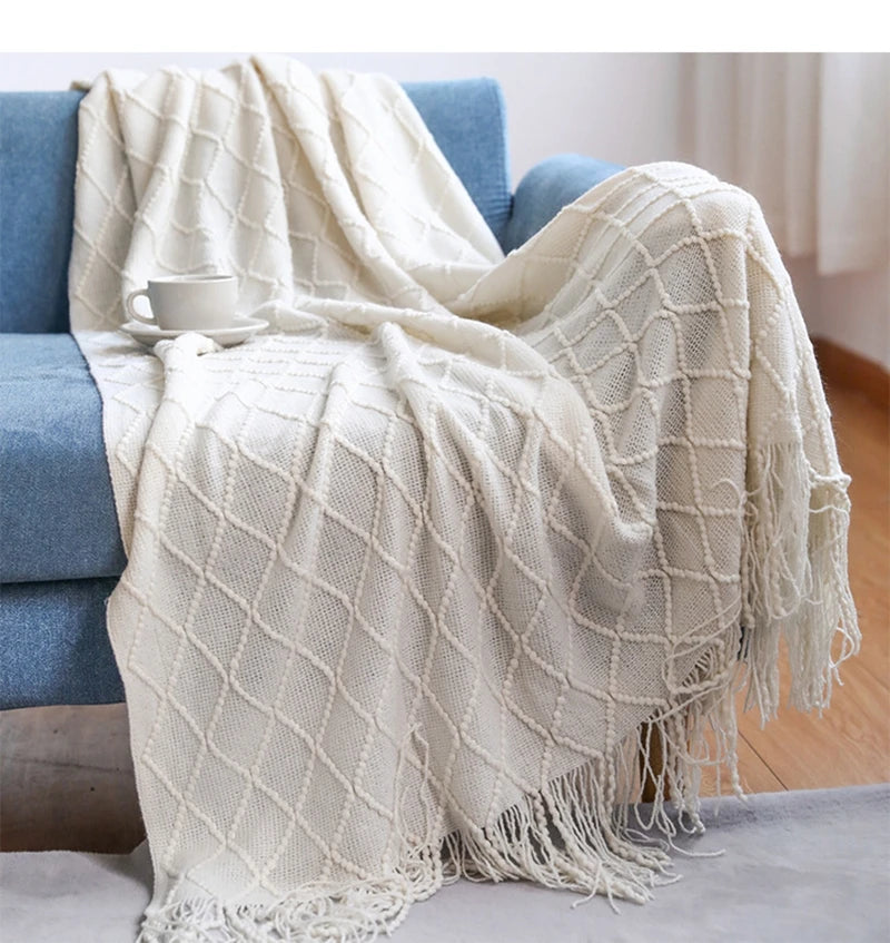 Khaki Gift Knitted Blanket with Tassels Chunky Vintage Luxury