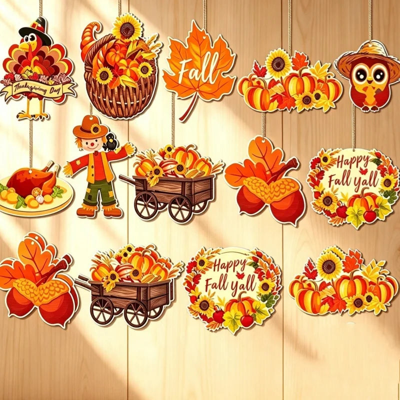 Wooden Pumpkin and Maple Leaf Hangings, Set of 10