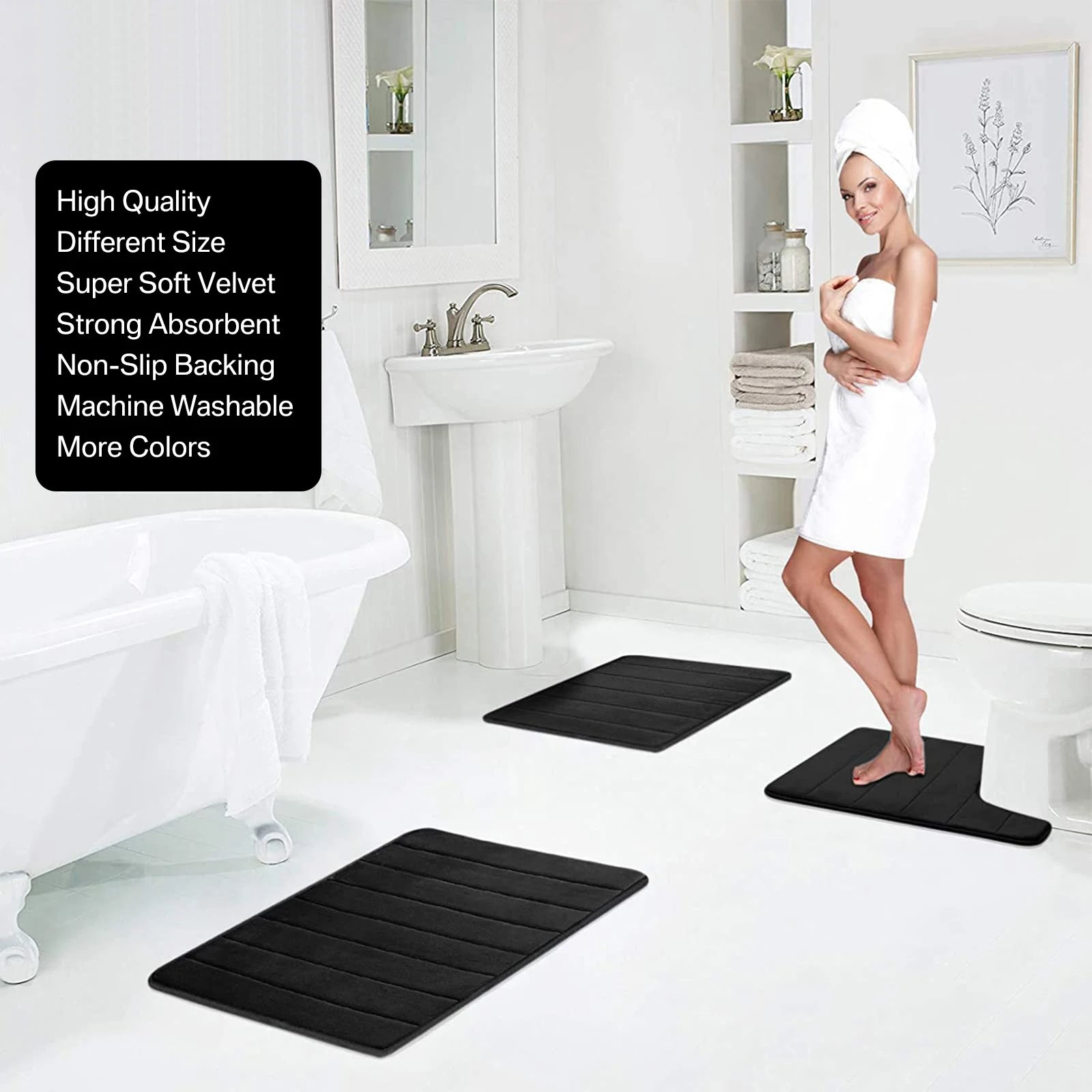 Velvet Memory Foam Bathroom Rug Set Of 3 Water Absorption Non Slip
