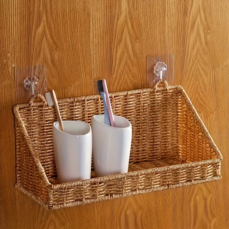 Wall Mounted Woven Basket with Hooks