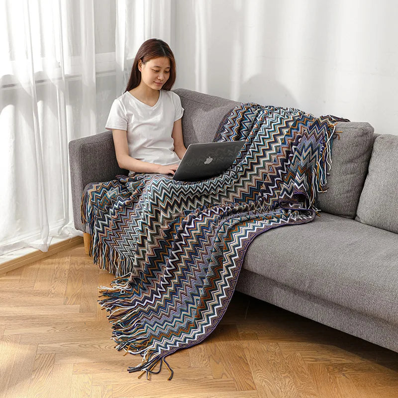 Boho Striped Knit Throw Blanket