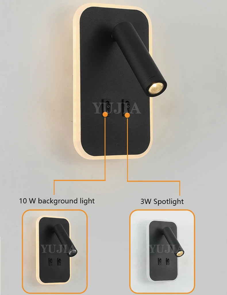 Modern Led Wall Sconce Reading Light 2 Switches Type-A & Type-C USB