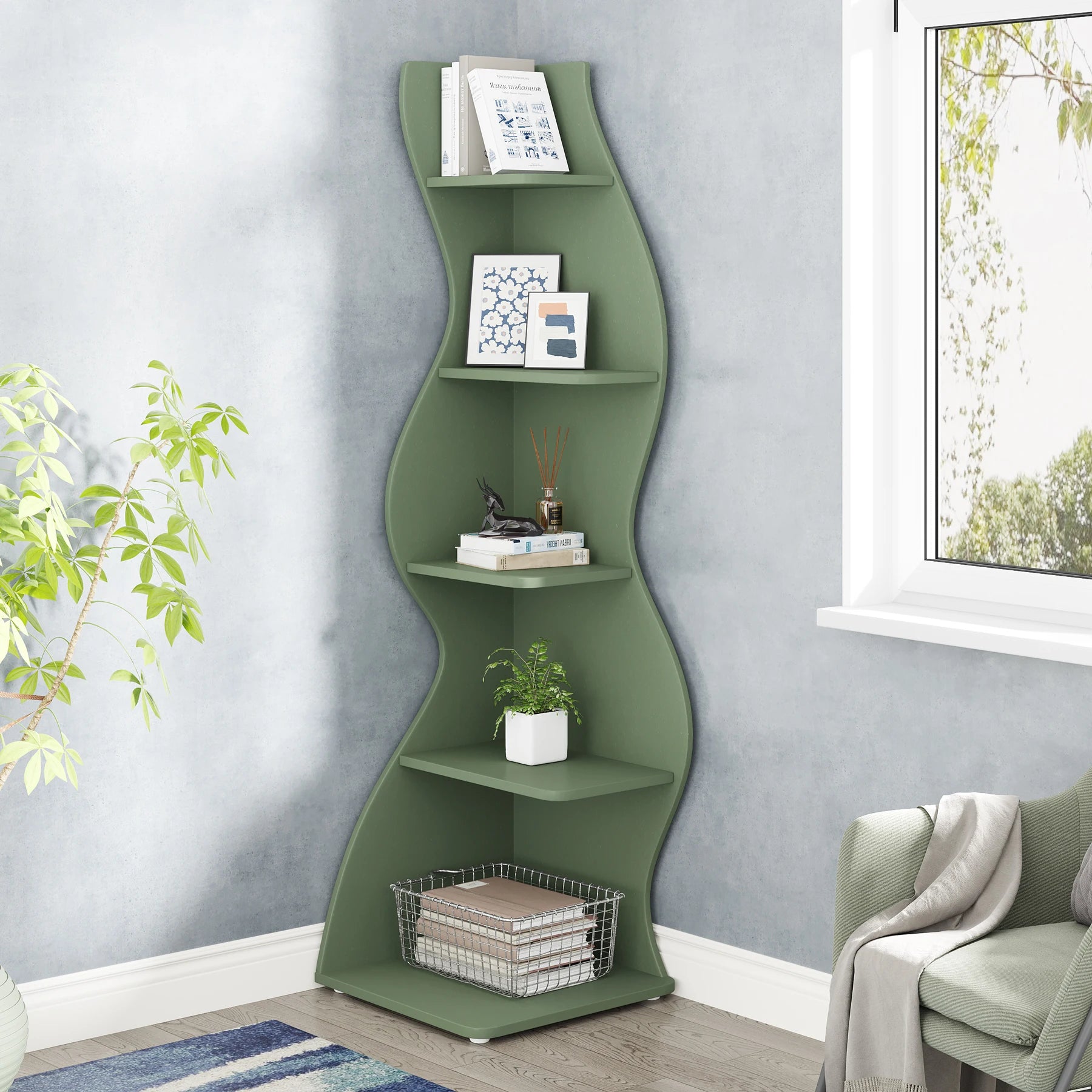 Five Tier Wavy Corner Bookshelf